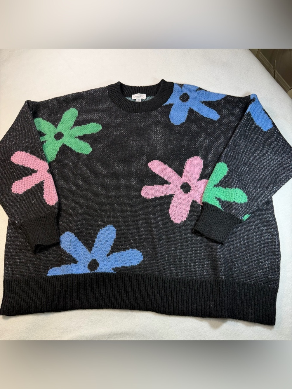 Mud Pie One Size Colorful Daisy Floral Oversized Sweater Black
